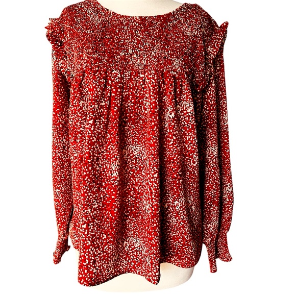 Kori America Rust Orange Animal Print Smocked Ruffle Long Sleeve Blouse Size M - Picture 1 of 10